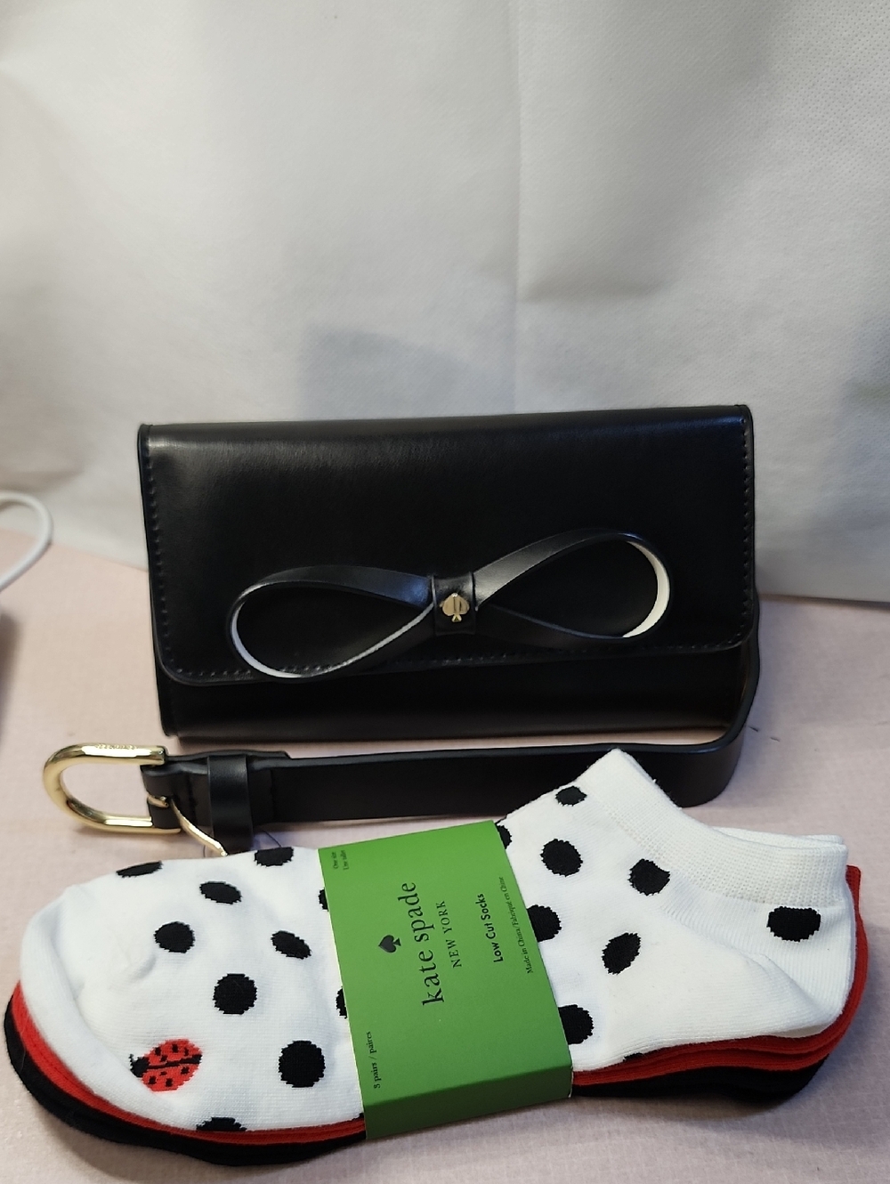 kate spade Black Leather Bow Belt Bag with Polka Dot Socks